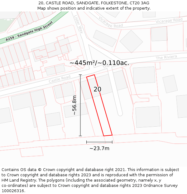 20, CASTLE ROAD, SANDGATE, FOLKESTONE, CT20 3AG: Plot and title map