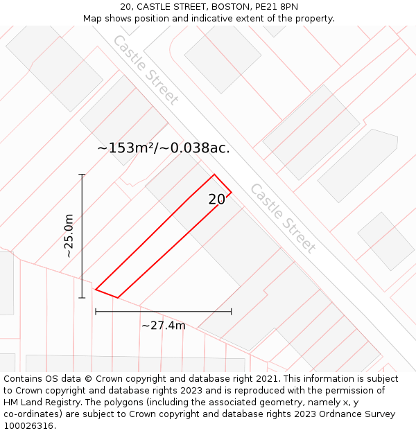 20, CASTLE STREET, BOSTON, PE21 8PN: Plot and title map