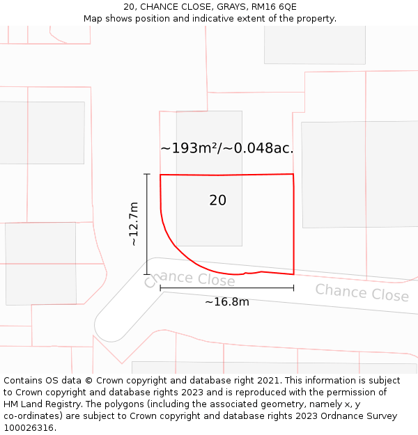 20, CHANCE CLOSE, GRAYS, RM16 6QE: Plot and title map