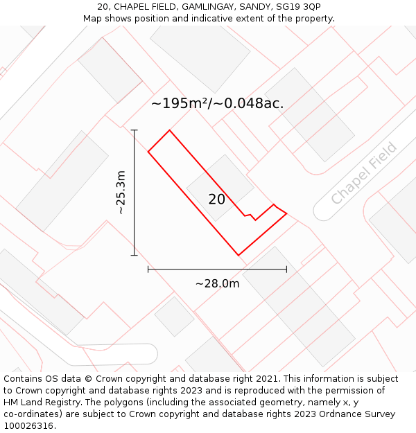 20, CHAPEL FIELD, GAMLINGAY, SANDY, SG19 3QP: Plot and title map