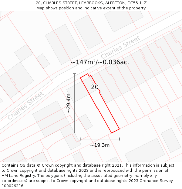 20, CHARLES STREET, LEABROOKS, ALFRETON, DE55 1LZ: Plot and title map