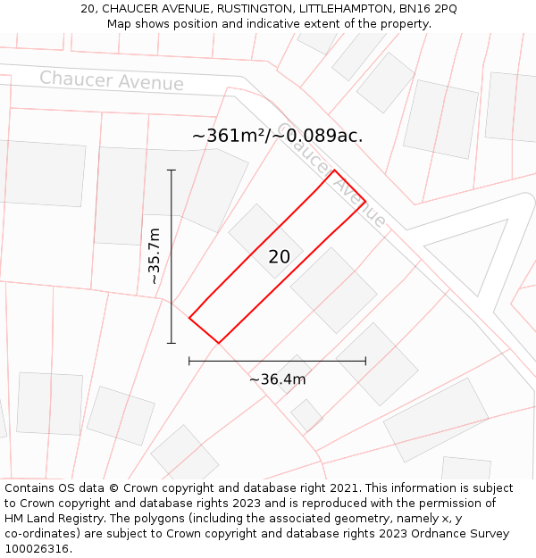 20, CHAUCER AVENUE, RUSTINGTON, LITTLEHAMPTON, BN16 2PQ: Plot and title map