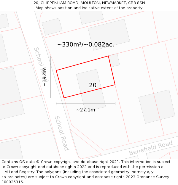 20, CHIPPENHAM ROAD, MOULTON, NEWMARKET, CB8 8SN: Plot and title map