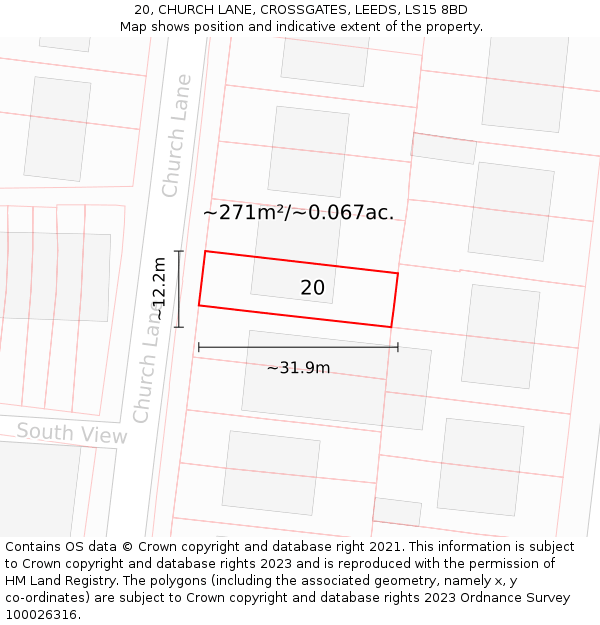 20, CHURCH LANE, CROSSGATES, LEEDS, LS15 8BD: Plot and title map