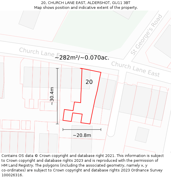 20, CHURCH LANE EAST, ALDERSHOT, GU11 3BT: Plot and title map