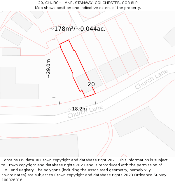 20, CHURCH LANE, STANWAY, COLCHESTER, CO3 8LP: Plot and title map