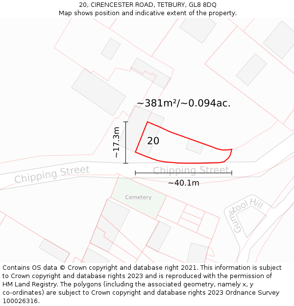 20, CIRENCESTER ROAD, TETBURY, GL8 8DQ: Plot and title map