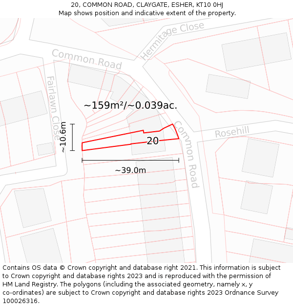 20, COMMON ROAD, CLAYGATE, ESHER, KT10 0HJ: Plot and title map