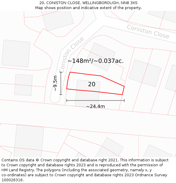 20, CONISTON CLOSE, WELLINGBOROUGH, NN8 3XS: Plot and title map