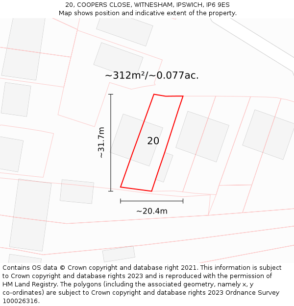 20, COOPERS CLOSE, WITNESHAM, IPSWICH, IP6 9ES: Plot and title map