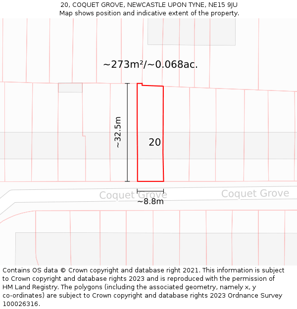 20, COQUET GROVE, NEWCASTLE UPON TYNE, NE15 9JU: Plot and title map