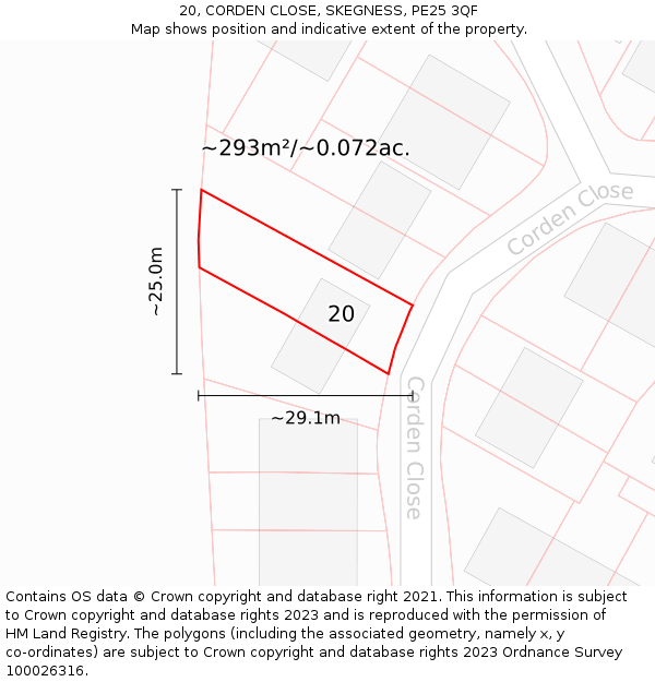 20, CORDEN CLOSE, SKEGNESS, PE25 3QF: Plot and title map