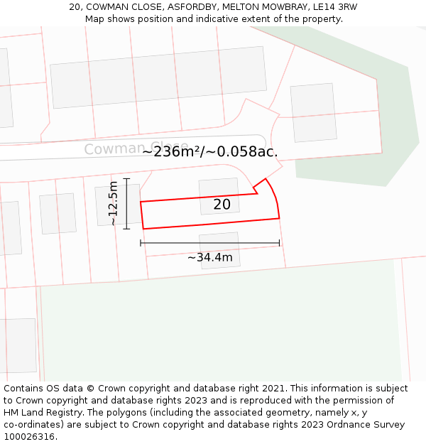 20, COWMAN CLOSE, ASFORDBY, MELTON MOWBRAY, LE14 3RW: Plot and title map