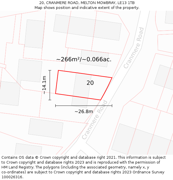 20, CRANMERE ROAD, MELTON MOWBRAY, LE13 1TB: Plot and title map