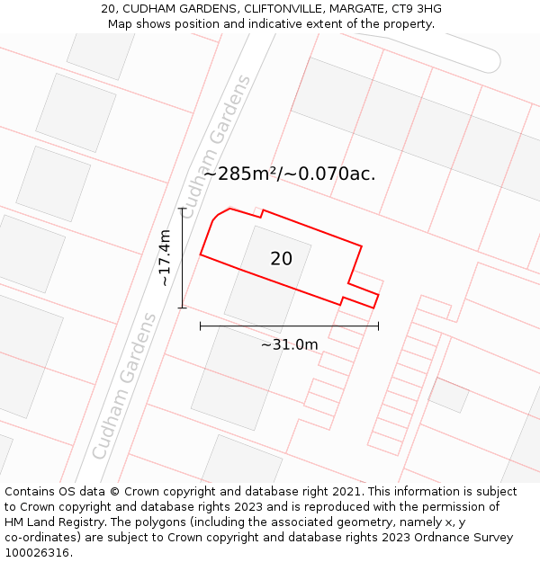 20, CUDHAM GARDENS, CLIFTONVILLE, MARGATE, CT9 3HG: Plot and title map