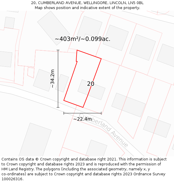 20, CUMBERLAND AVENUE, WELLINGORE, LINCOLN, LN5 0BL: Plot and title map