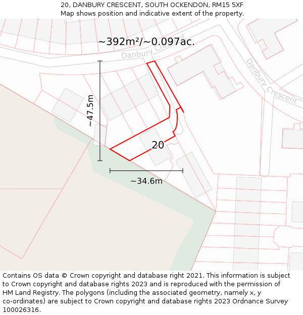 20, DANBURY CRESCENT, SOUTH OCKENDON, RM15 5XF: Plot and title map