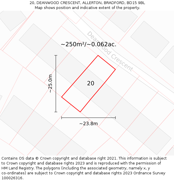 20, DEANWOOD CRESCENT, ALLERTON, BRADFORD, BD15 9BL: Plot and title map