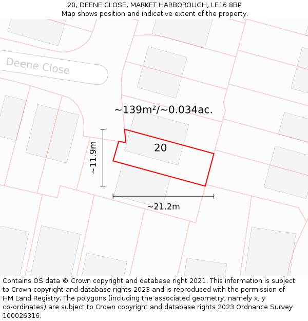 20, DEENE CLOSE, MARKET HARBOROUGH, LE16 8BP: Plot and title map