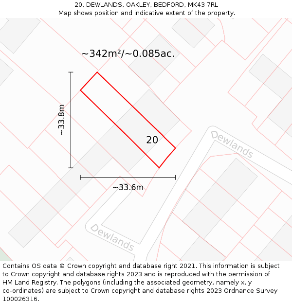 20, DEWLANDS, OAKLEY, BEDFORD, MK43 7RL: Plot and title map