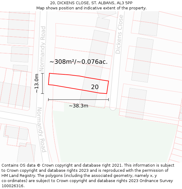 20, DICKENS CLOSE, ST. ALBANS, AL3 5PP: Plot and title map