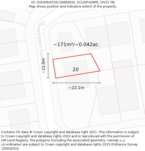 20, DONNINGTON GARDENS, SCUNTHORPE, DN15 7RJ: Plot and title map