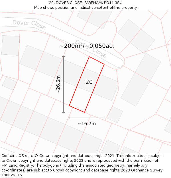 20, DOVER CLOSE, FAREHAM, PO14 3SU: Plot and title map