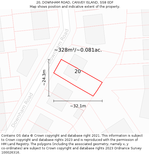 20, DOWNHAM ROAD, CANVEY ISLAND, SS8 0DF: Plot and title map