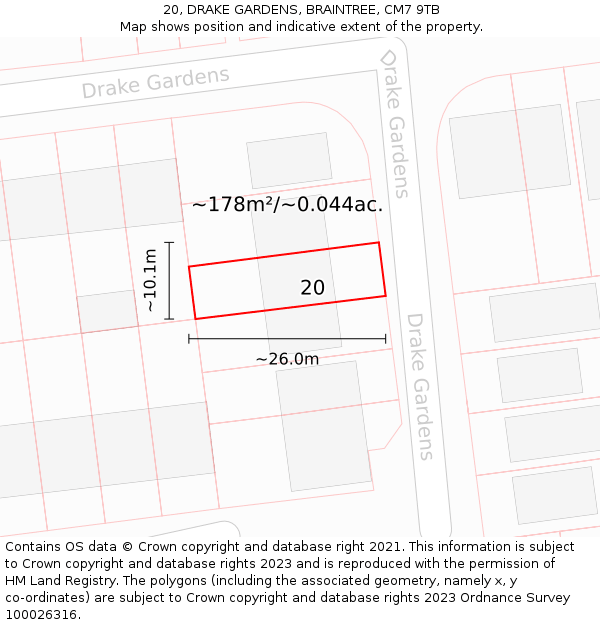 20, DRAKE GARDENS, BRAINTREE, CM7 9TB: Plot and title map