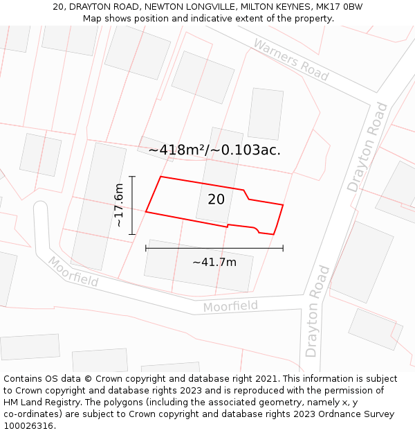 20, DRAYTON ROAD, NEWTON LONGVILLE, MILTON KEYNES, MK17 0BW: Plot and title map