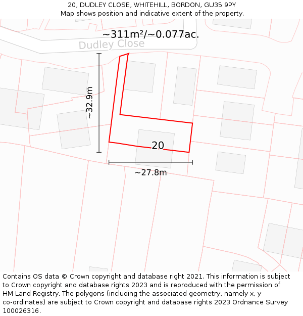 20, DUDLEY CLOSE, WHITEHILL, BORDON, GU35 9PY: Plot and title map