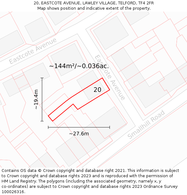 20, EASTCOTE AVENUE, LAWLEY VILLAGE, TELFORD, TF4 2FR: Plot and title map