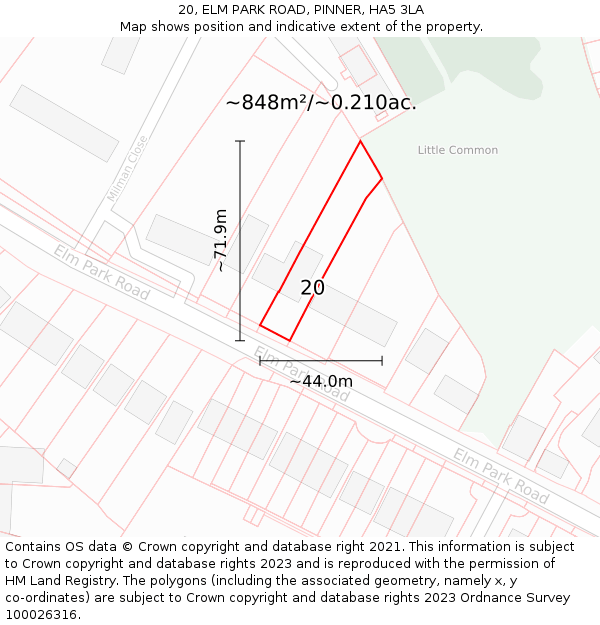 20, ELM PARK ROAD, PINNER, HA5 3LA: Plot and title map