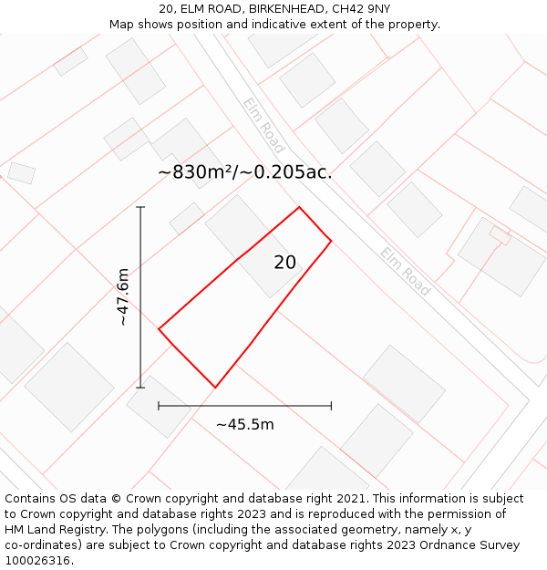 20, ELM ROAD, BIRKENHEAD, CH42 9NY: Plot and title map