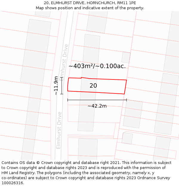 20, ELMHURST DRIVE, HORNCHURCH, RM11 1PE: Plot and title map