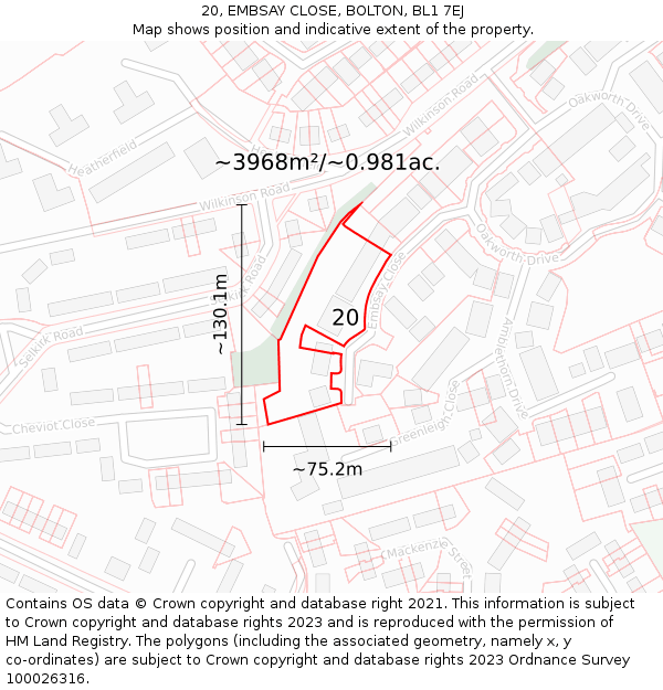 20, EMBSAY CLOSE, BOLTON, BL1 7EJ: Plot and title map