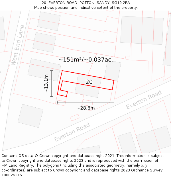 20, EVERTON ROAD, POTTON, SANDY, SG19 2RA: Plot and title map