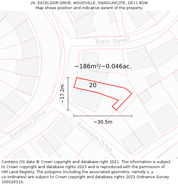 20, EXCELSIOR DRIVE, WOODVILLE, SWADLINCOTE, DE11 8DW: Plot and title map