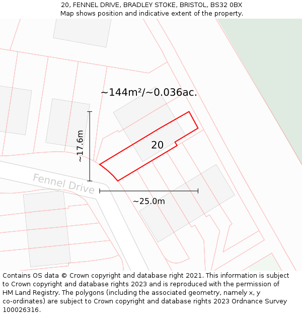 20, FENNEL DRIVE, BRADLEY STOKE, BRISTOL, BS32 0BX: Plot and title map