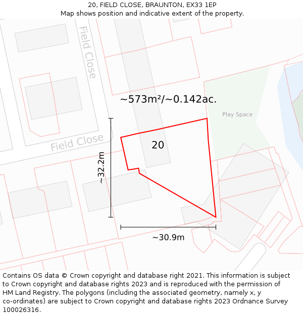 20, FIELD CLOSE, BRAUNTON, EX33 1EP: Plot and title map