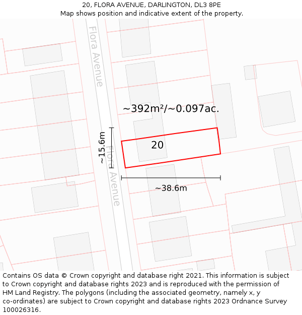 20, FLORA AVENUE, DARLINGTON, DL3 8PE: Plot and title map