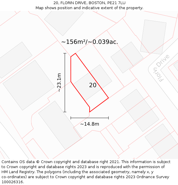 20, FLORIN DRIVE, BOSTON, PE21 7LU: Plot and title map