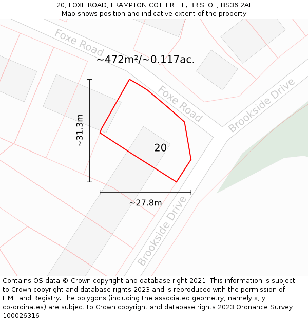 20, FOXE ROAD, FRAMPTON COTTERELL, BRISTOL, BS36 2AE: Plot and title map