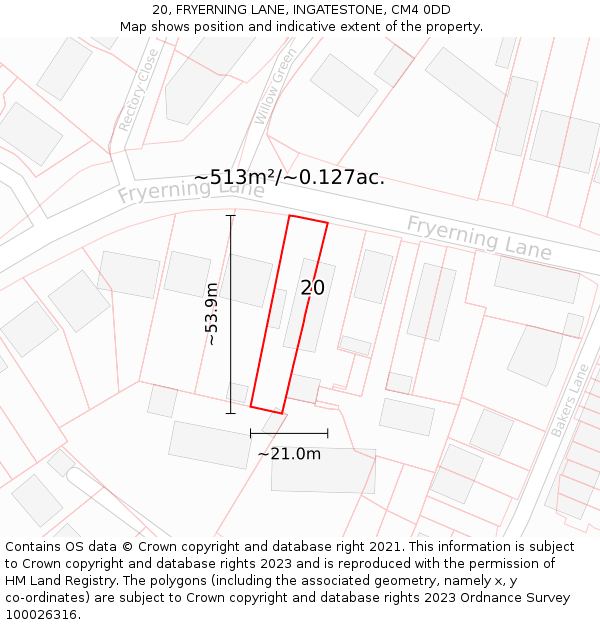 20, FRYERNING LANE, INGATESTONE, CM4 0DD: Plot and title map