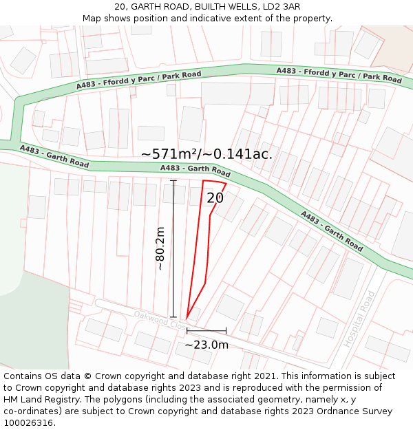 20, GARTH ROAD, BUILTH WELLS, LD2 3AR: Plot and title map