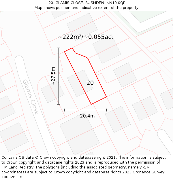 20, GLAMIS CLOSE, RUSHDEN, NN10 0QP: Plot and title map