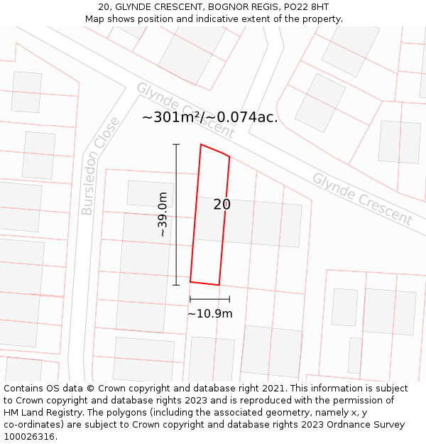 20, GLYNDE CRESCENT, BOGNOR REGIS, PO22 8HT: Plot and title map