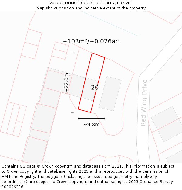 20, GOLDFINCH COURT, CHORLEY, PR7 2RG: Plot and title map