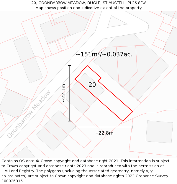 20, GOONBARROW MEADOW, BUGLE, ST AUSTELL, PL26 8FW: Plot and title map