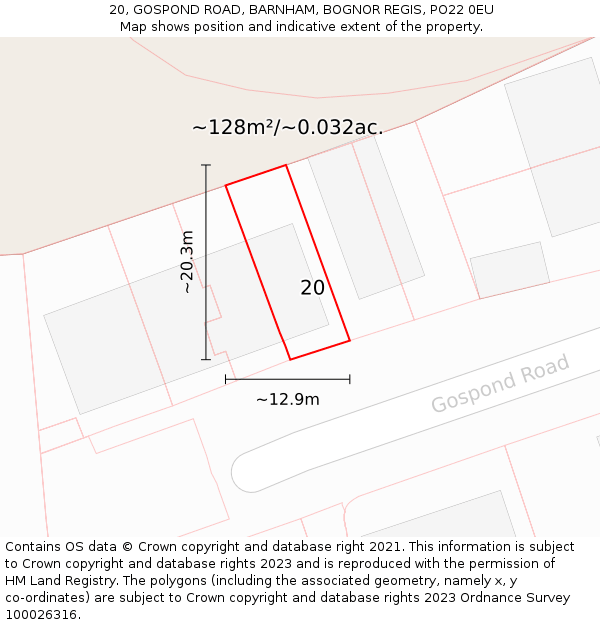 20, GOSPOND ROAD, BARNHAM, BOGNOR REGIS, PO22 0EU: Plot and title map